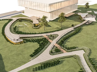 Scenic Boardwalk Landscape With Green Lawn Trees Modern Building And Walking Trails 3d model