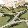 Scenic Boardwalk Landscape With Green Lawn Trees Modern Building And Walking Trails