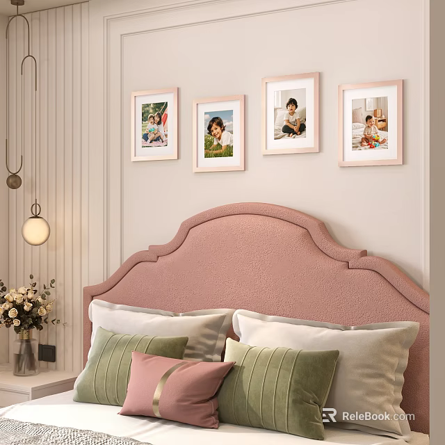 Photo Wall With Framed Photos Above Pink Headboard In Cozy Bedroom 3d model 