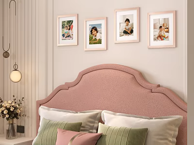Photo Wall With Framed Photos Above Pink Headboard In Cozy Bedroom 3d model