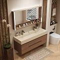 Elegant Modern Bathroom Vanity With Wooden Cabinet White Countertop And Mirror Shelf