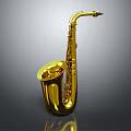 Golden Saxophone Musical Instrument With Shiny Brass Surface And Gray Background Reflection