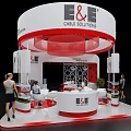E&E Cable Solutions Circular White And Red Exhibition Booth With Display Counters And People Around 3d model