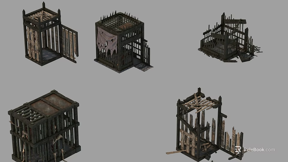 Old Rustic Broken Wooden Cages With Various Styles And Structures 3d model