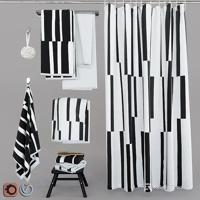 Stylish Black And White Striped Bathroom Linens With Towels Bath Curtain And Sponge 3d model 