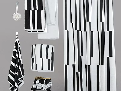 Stylish Black And White Striped Bathroom Linens With Towels Bath Curtain And Sponge 3d model