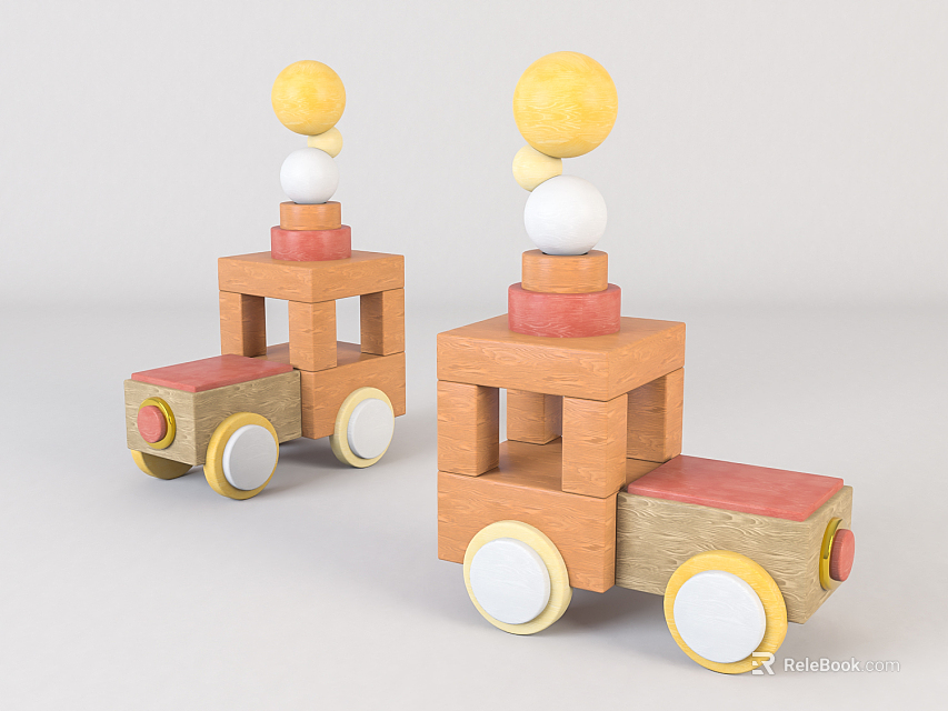 Two Wooden Toy Cars With Colorful Stacked Blocks Yellow Balls And White Wheels 3d model 