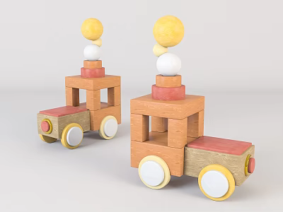 Two Wooden Toy Cars With Colorful Stacked Blocks Yellow Balls And White Wheels 3d model
