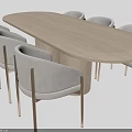 Minimalist Dining Table Set With Oval Light Colored Tabletop And Six Light Gray Upholstered Chairs 3d model