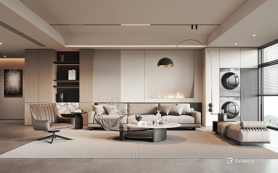 Modern Living Room Interior with Sofa Coffee Table Floor Lamp Wall Paneling and Area Rug 3d model 