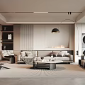 Modern Living Room Interior with Sofa Coffee Table Floor Lamp Wall Paneling and Area Rug