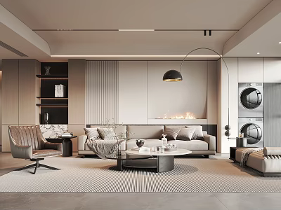 Modern Living Room Interior with Sofa Coffee Table Floor Lamp Wall Paneling and Area Rug 3d model