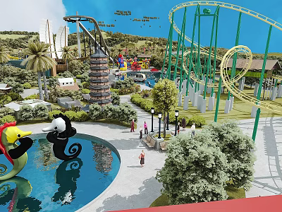 Vibrant Amusement Park With Roller Coaster Water Pool Palm Trees And Cartoon Sculptures 3d model