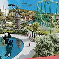 Vibrant Amusement Park With Roller Coaster Water Pool Palm Trees And Cartoon Sculptures