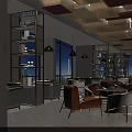 Elegant Restaurant Interior With Red Walls Wine Racks And Geometric Ceiling Lights Marble Bar Counter