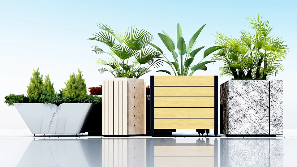 Modern Garden Accents with Lush Green Plants in Wooden and Marble Planters 3d model 