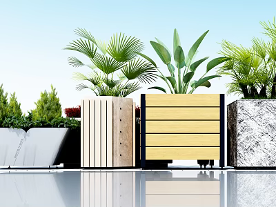 Modern Garden Accents with Lush Green Plants in Wooden and Marble Planters 3d model