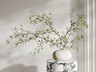 White Vase With Green Leaf Branches Placed On Black And White Patterned Pedestal Light Wall 3d model