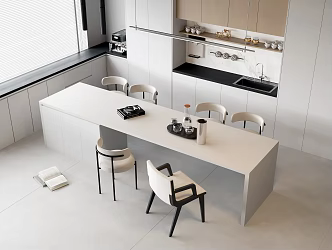 Open Kitchen Island Bar Table Marble Dining Table Casual Dining Chair Sideboard Solid Wood Storage Cabinet Water Dispenser Faucet Sink Chandelier 3d model