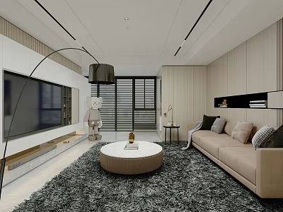 Modern Minimalist Living Room Interior Design With Beige Sofa Round Coffee Table And Soft Rug 3d model