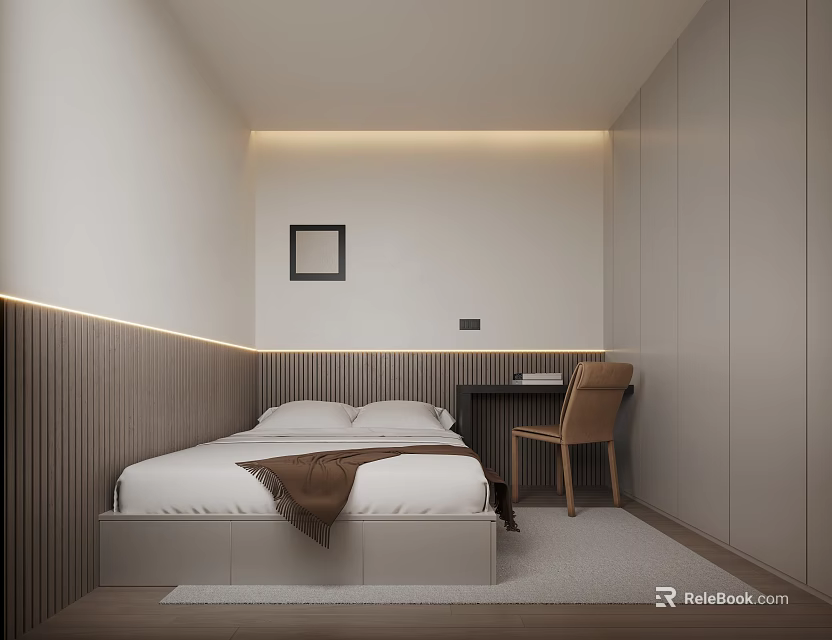 Modern Tatami Bedroom Interior With Platform Bed Built in Cabinets Desk And Warm Lighting 3d model 