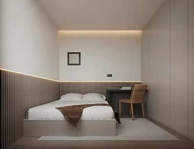 Modern Tatami Bedroom Interior With Platform Bed Built in Cabinets Desk And Warm Lighting 3d model