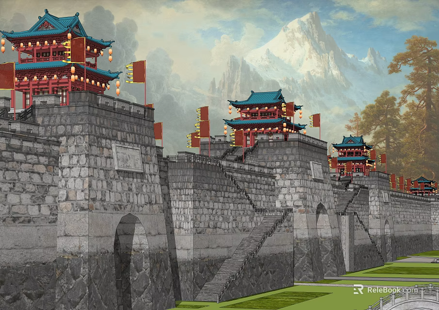 Ancient Chinese City Wall With Gray Stone Red Watchtowers Blue Tiled Roofs And Mountain Backdrop 3d model 
