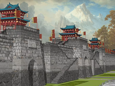 Ancient Chinese City Wall With Gray Stone Red Watchtowers Blue Tiled Roofs And Mountain Backdrop 3d model