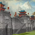 Ancient Chinese City Wall With Gray Stone Red Watchtowers Blue Tiled Roofs And Mountain Backdrop