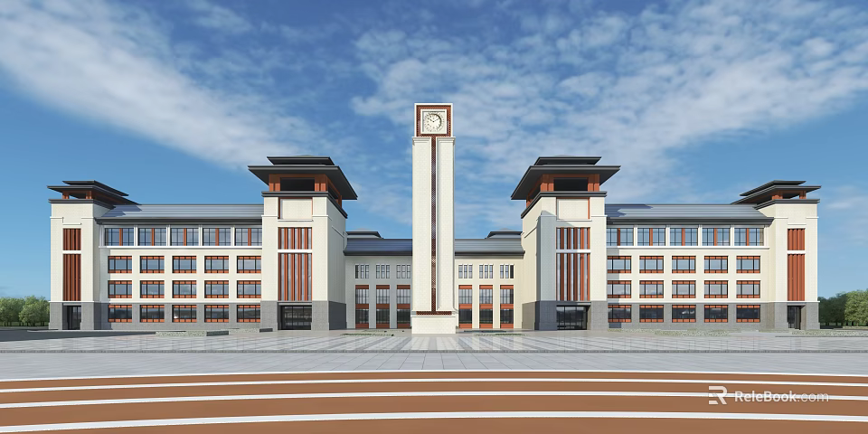 Modern School Building with Clock Tower Twin Towers Spacious Square and Blue Sky White Clouds 3d model 