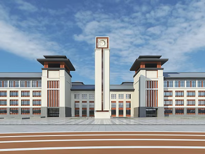 Modern School Building with Clock Tower Twin Towers Spacious Square and Blue Sky White Clouds 3d model