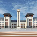 Modern School Building with Clock Tower Twin Towers Spacious Square and Blue Sky White Clouds
