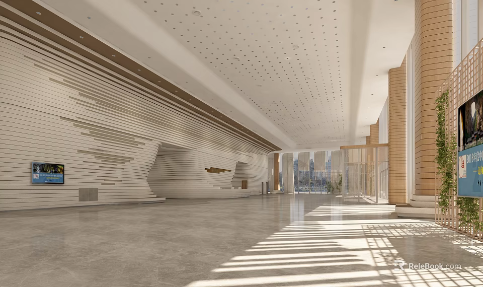 Modern Front Desk Reception Area In Spacious Lobby With Wooden Striped Walls And Perforated Ceiling 3d model 