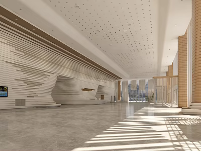 Modern Front Desk Reception Area In Spacious Lobby With Wooden Striped Walls And Perforated Ceiling 3d model