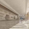 Modern Front Desk Reception Area In Spacious Lobby With Wooden Striped Walls And Perforated Ceiling