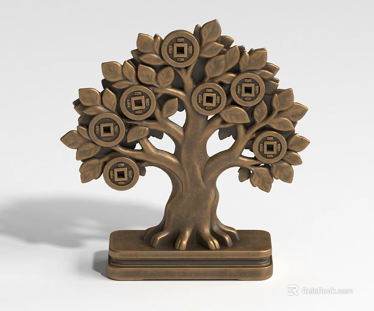Decorative Tree Sculpture Carving With Coin Motifs On Leaves And Square Base 3d model 