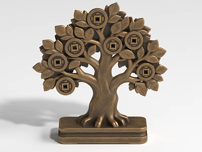 Decorative Tree Sculpture Carving With Coin Motifs On Leaves And Square Base 3d model