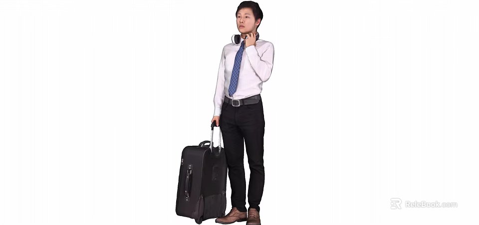 Business Man in White Shirt and Blue Tie Holding Suitcase Talking on Phone 3d model 