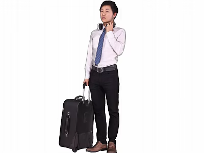 Business Man in White Shirt and Blue Tie Holding Suitcase Talking on Phone 3d model
