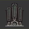 Art Deco Style Building With Large Windows Brown Frames Arched Entrance And Stone Slab Base