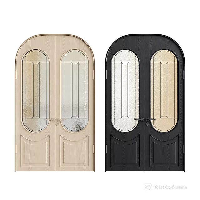 Stylish Double Doors With Arched Top Glass Panels Light And Black Finishes For Home Entry 3d model 