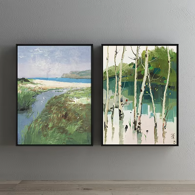Two Natural Scenic Landscape Paintings With Seaside River Grassy Field Birch Trees And Green Foliage 3d model