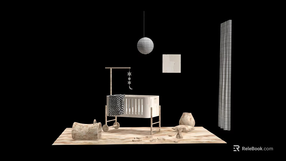 Wooden Baby Crib With Decorative Items On Soft Rug And Hanging Pendant Light 3d model 