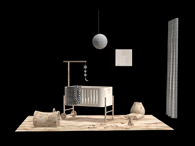 Wooden Baby Crib With Decorative Items On Soft Rug And Hanging Pendant Light 3d model