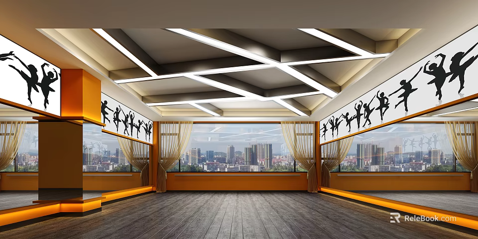 Modern Dance Fitness Studio With City View Geometric Ceiling Lights And Mirrors 3d model 