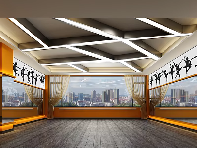 Modern Dance Fitness Studio With City View Geometric Ceiling Lights And Mirrors 3d model
