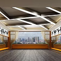 Modern Dance Fitness Studio With City View Geometric Ceiling Lights And Mirrors