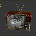 Vintage Television With Cracked Glass Screen Antenna And Red Accents Design