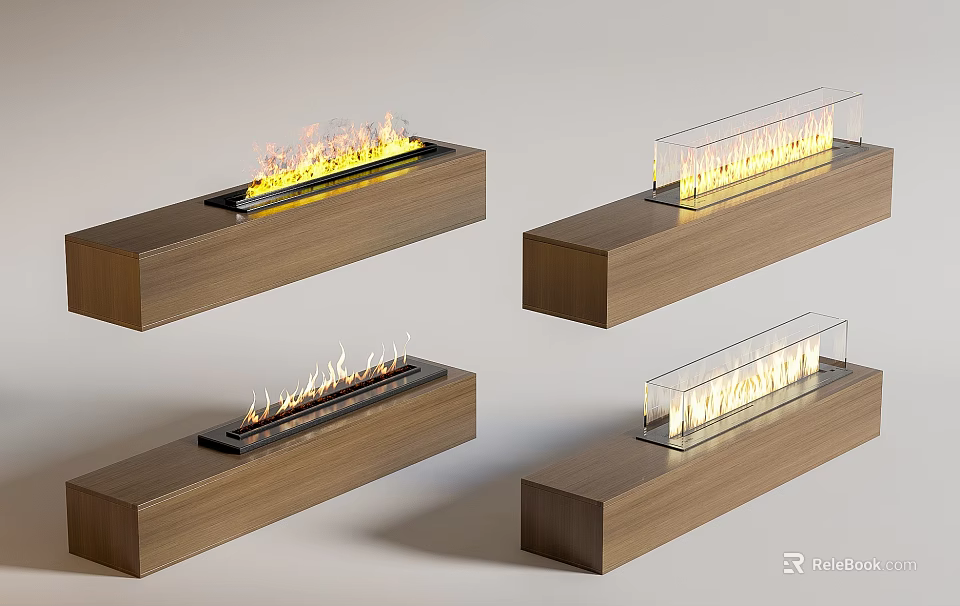 Modern Linear Fireplaces With Wooden Bases And Diverse Flame Effects 3d model 