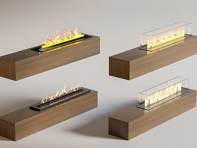 Modern Linear Fireplaces With Wooden Bases And Diverse Flame Effects 3d model
